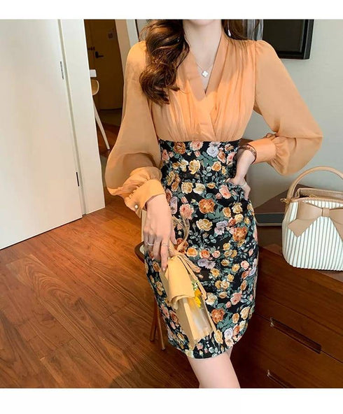 Floral V-Neck Patchwork Empire Dress